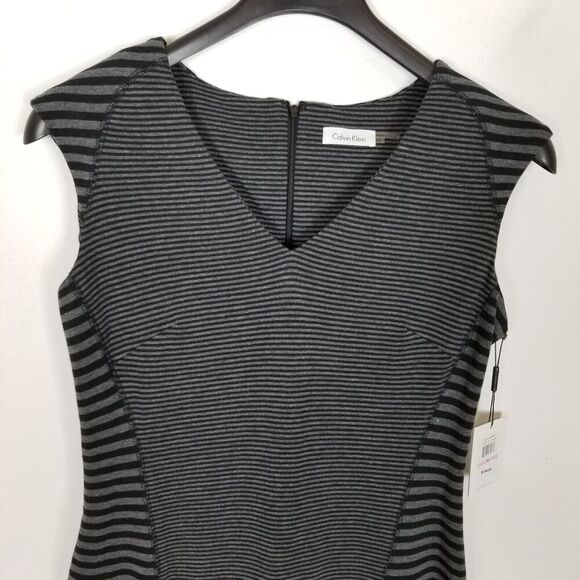 Calvin Klein Women Sheath Knit Midi Dress Sz  10 Black Gray Stripe Stretch Ponte - Picture 2 of 10